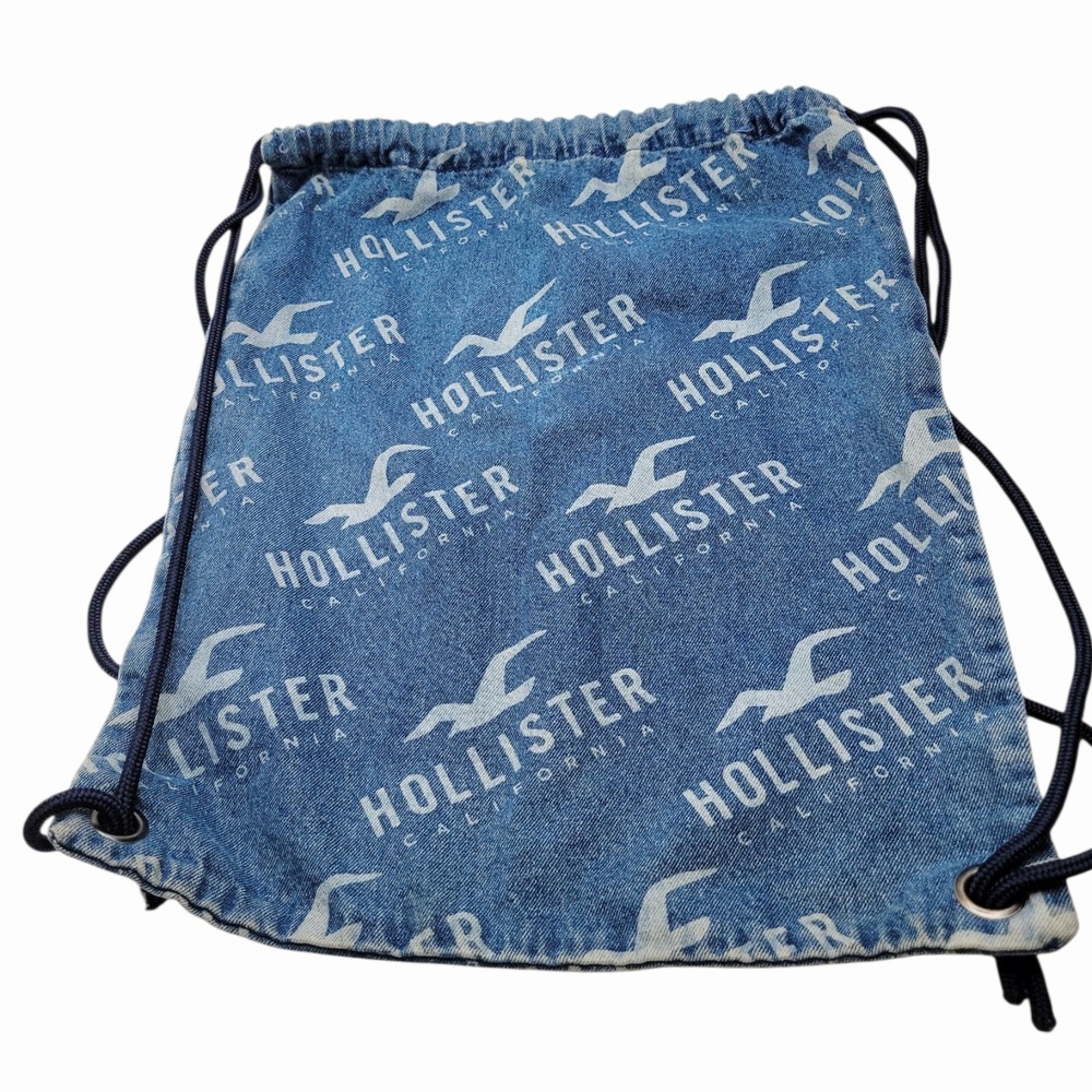 Hollister Denim Drawstring Backpack Logo Print Y2K Cinch Sack Bag Blue
